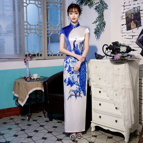 

vietnam traditional dress chinese robe vintage femme peacock satin cheongsam qipao shanghai long slit oriental dress 10088, Red