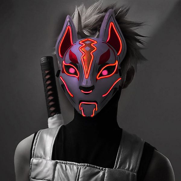 

2021 new halloween led glowing mask cold light glow fox mask cosplay party scary mask masquerade cos accessories toys for adult, Black