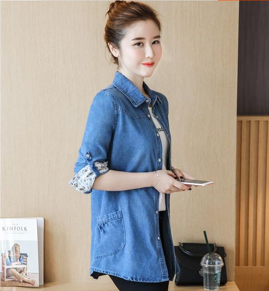 

women's blouses & shirts autumn large size denim shirt female long-sleeve cotton bottoming mid length jacket was thin tide blouse, White