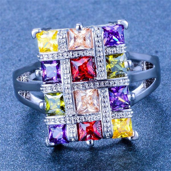 

wedding rings charm female big rainbow stone ring vintage cute silver color jewelry promise love engagement for women, Slivery;golden