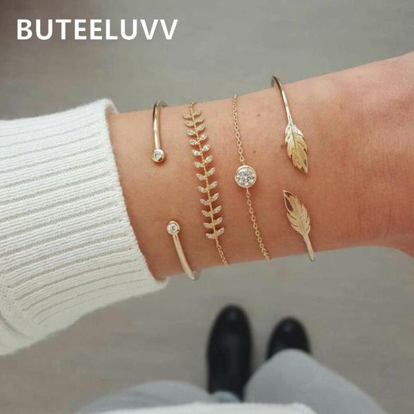 

charm bracelets buteeluvv 4 pcs/set metal leaf cuff bangles for women rhinestones vine branch crystal set fashion jewelry, Golden;silver