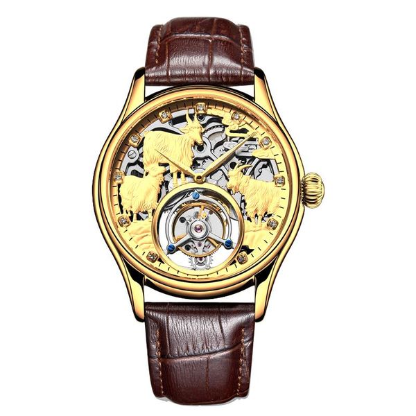 

wristwatches luxurious original sheep watch 3d embossed manual tourbillon men's automatic mechanical hollow waterproof 7008, Slivery;brown