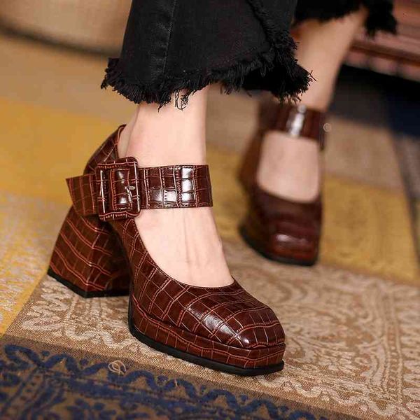 

dress shoes retro concise mary janes women pumps genuine leather platforms thick heels woman spring casual buckle new er9b, Black