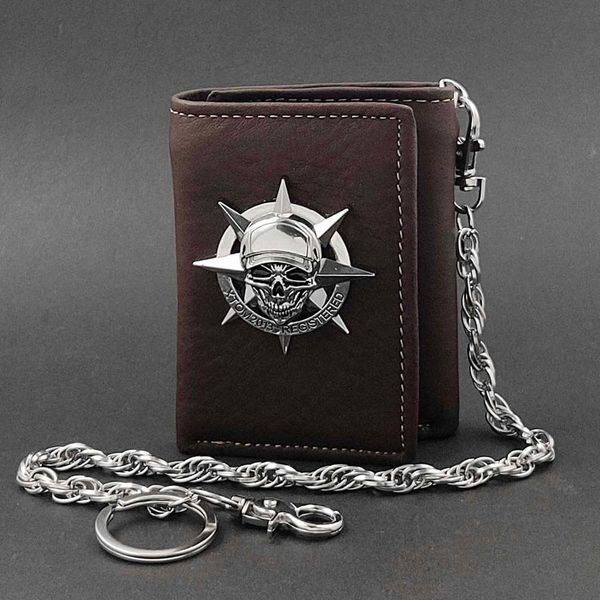 

big skull trifold card holder leather wallet mens biker chain brown, Red;black