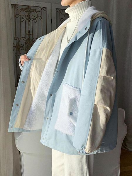 

down & parkas plus size winter men's patchwork silk-like cotton padded parka coat loose casual fleece warm outwear hooded b18 fjnl, Black