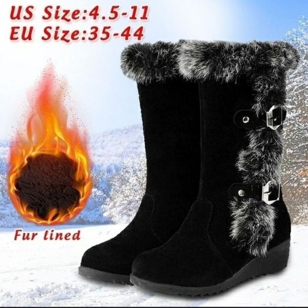 

boots winter women warm fur flock mid-calf buckle thick fleece shoes slip-on round toe wedges snow plus size, Black