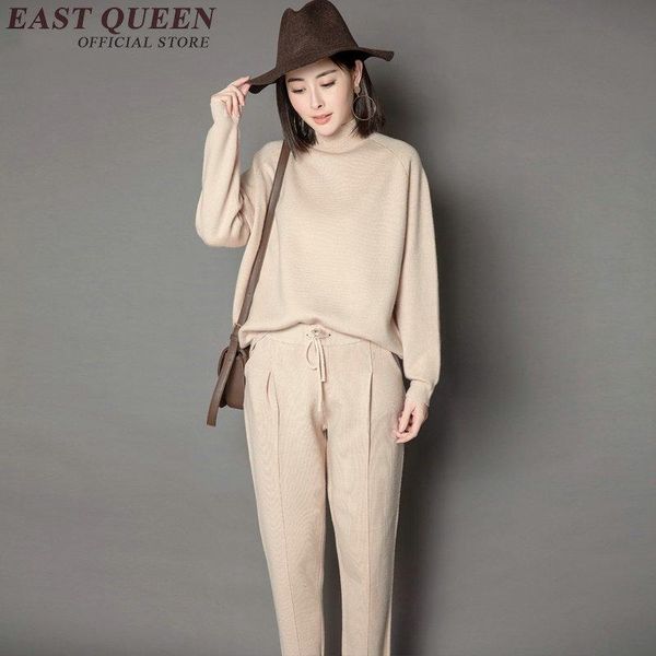 

women's suits & blazers 2021 autumn pantsuit women elegant pant long sleeve turtle neck two piece set ladies solid color suit 2171 q, White;black