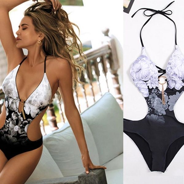 

women 2021 summer monokini swimwear curve stitching patchwork print bathing suit one piece swimsuit ring halter beachwear, White;black