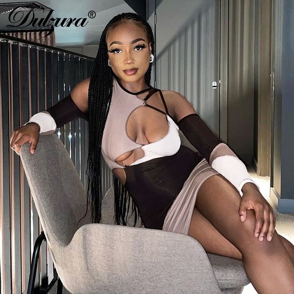 

hollow out women club party bodycon slim stretchy elegant evening patchwork 2021 summer fashion dress, Black;gray