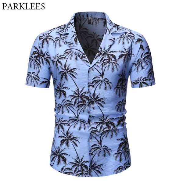 

blue hawaiian shirt men summer short sleeve palm tree print button down aloha shirts mens holiday party camisa hawaiana 2xl 210410, White;black