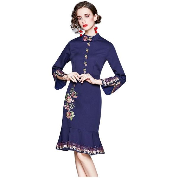 

casual dresses lukaxsikax 2021 spring autumn women elegant split long sleeve mermaid dress retro embroidery runway, Black;gray