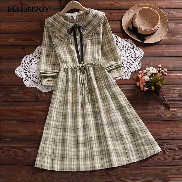

spring autumn cotton linen fashion sailor collar bow green blue plaid dress japan style long sleeve women vintage sweet vestidos 210520, Black;gray