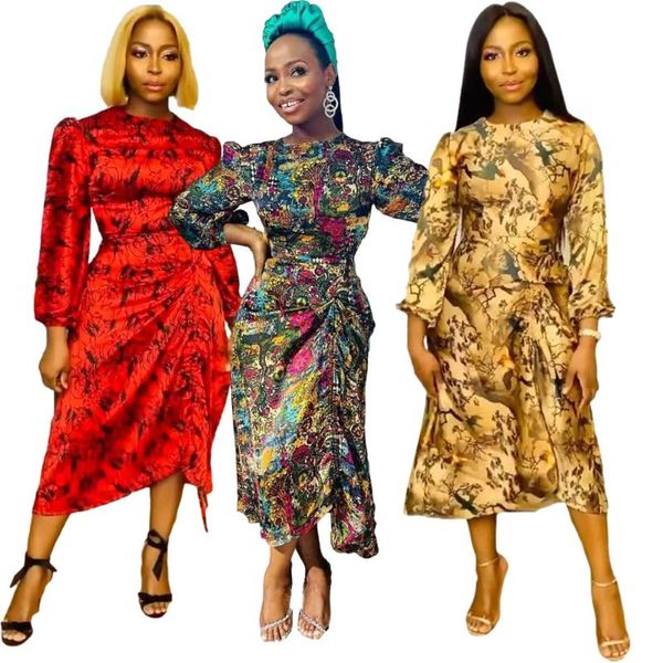

casual dresses vintage print boho dress women african clothes o neck long sleeve irregular drawstring vestidos clothing female 2021, Black;gray