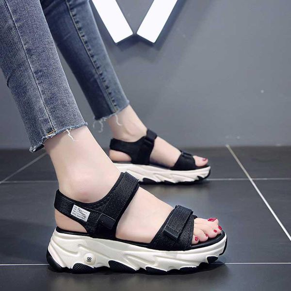 

sandals women platform wedge 5cm ladies thick bottom female summer beach casual shoe antiskid walk shoes gray, Black