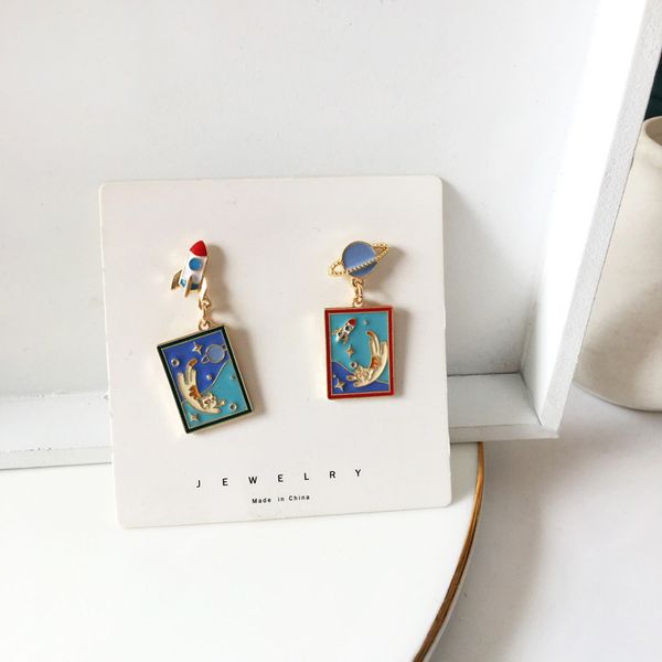 

s925 silver needle self-designed oil painting dripping earrings personality asymmetric space cat aesthetic ear clip earrings