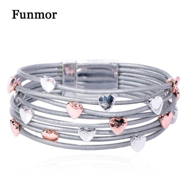 

bangle funmor real leather multi-layer bracelets for women men rose gold color handmade heart shape magnet bracelet hand jewelry gift, Black