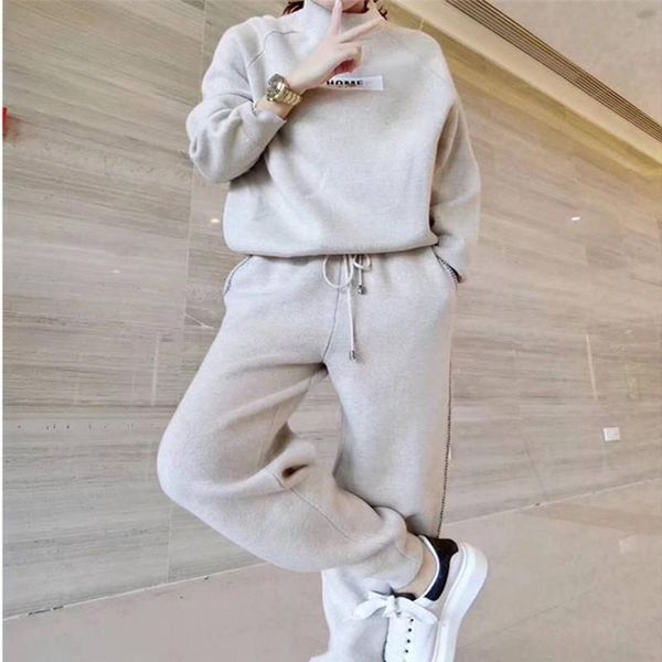 

two piece dress autumn winter knitted women's sweater pants suit ankle-length sports suits female fashion long sleeve 2 sets, White