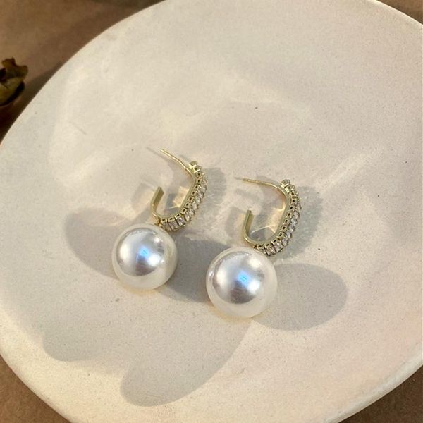 

dangle & chandelier vintage elegant round shape pearl crystal earrings for women s925 needle shiny zircon jewelry party gif, Silver