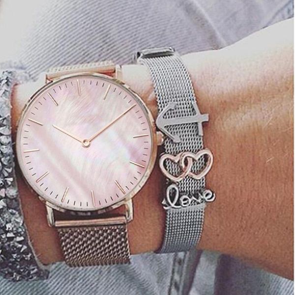 

charm bracelets mavis hare rose gold pink seashell mesh women watch & silver color love anchor double heart slide bracelet set as gift, Golden;silver