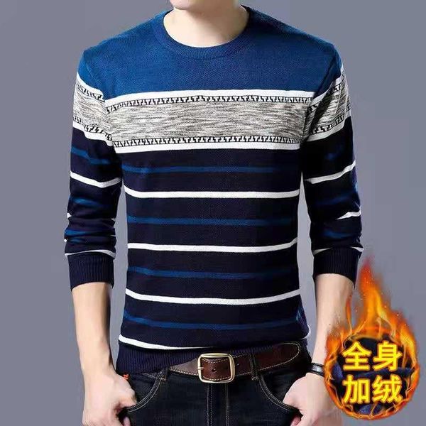 

men's sweaters plus velvet thick long - sleeved sweater young and middle-aged striped bottoming shirt warm round neck fashion, White;black