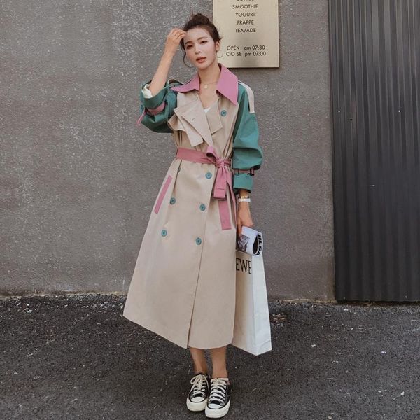 

women's trench coats brand fashion lady coat double-breasted with belt patchwork design oversize duster women outerwear spring autumn, Tan;black