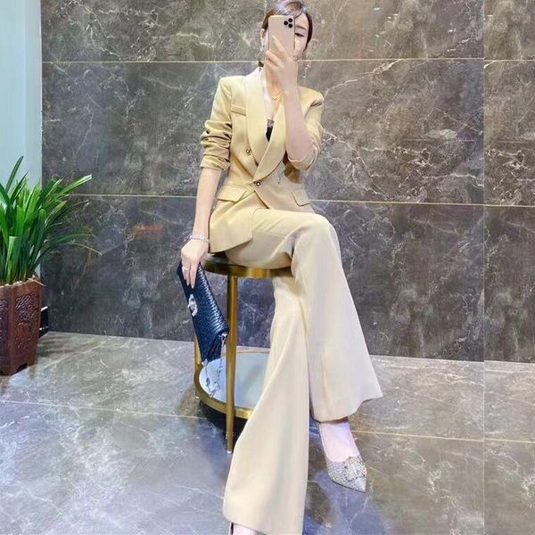 

women's two piece pants 2021 woman solid set female high waist straight suits ladies fashion double breasted jacket formal suit q26, White