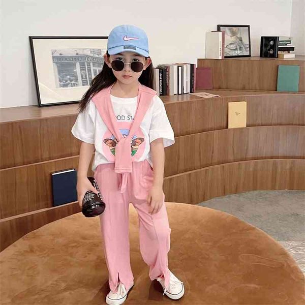 

summer arrival girls fashion 3 pieces suit kids printed sets pants+cape 210528, White