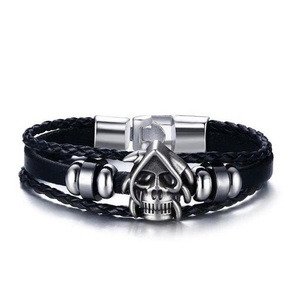 

skull multi-layer leather bracelet for men braided hand chain cuff wrap punk gothic jewelry 20cm maea99 bangle, Black
