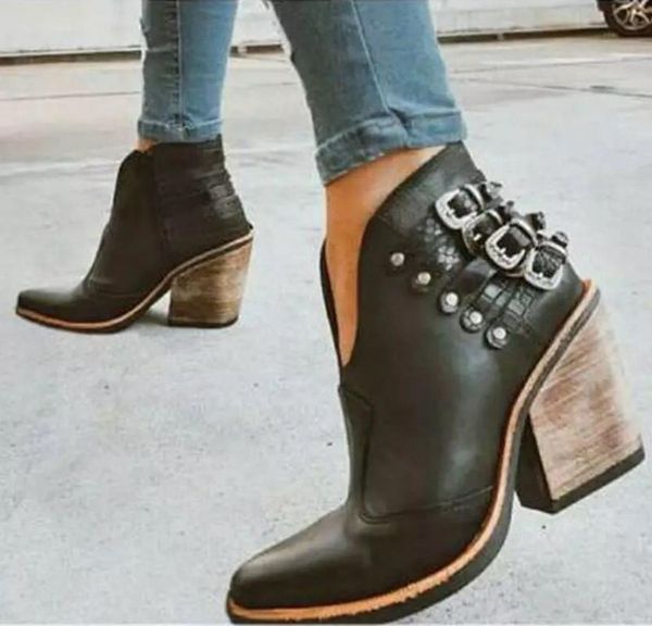 

boots women ankle high heels pumps shoes woman autumn warm plus size vintage shoe chaussures femme2021, Black