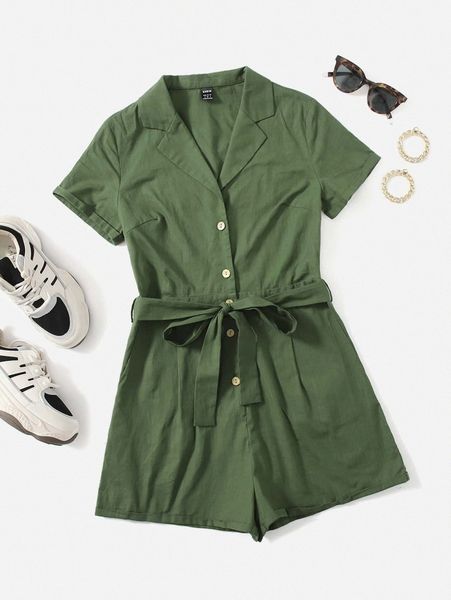 

lapel collar belted romper l3to#, White
