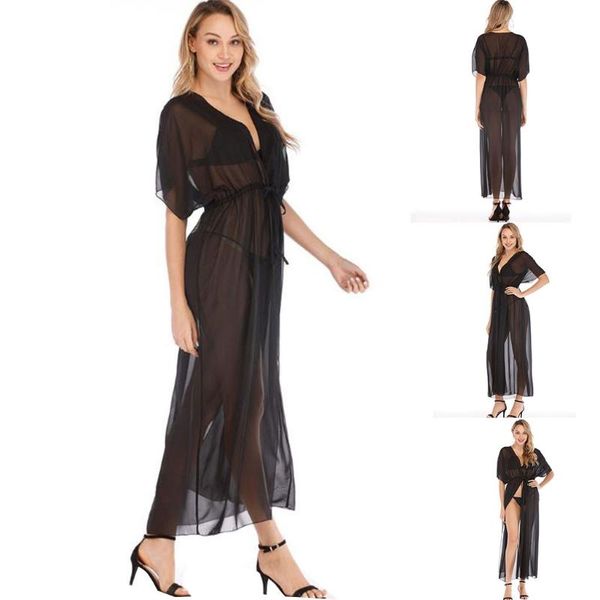

women's swimwear women half sleeve open front swimsuit bikini cover up sheer black kimono cardigan tie waist maxi long beach dress blou, White;black