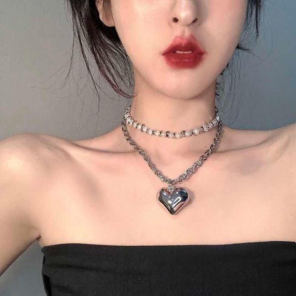

earrings & necklace three dimensional love female hip hop thick chain heart pendant tiaodi pearl peach choker collar, Silver