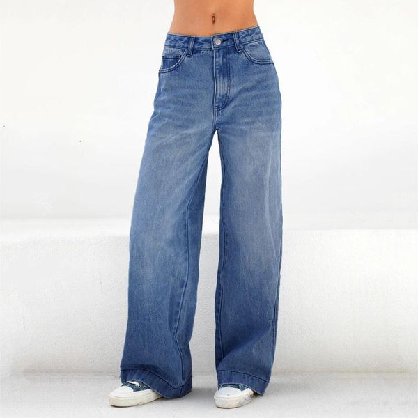 

women's jeans woman high waist baggy denim trousers plus size casual solid wide leg pants zipper pocket trousers#30, Blue