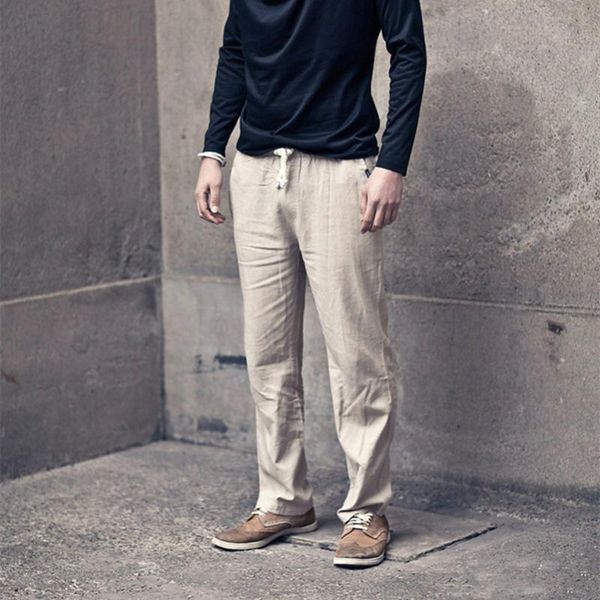 

men's pants linen summer lightweight elastic waist straight jogger beige green blue black gray casual trousers men