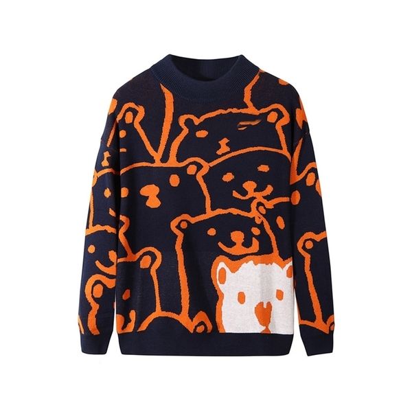 

cartoon bear sweater men winter men's clothing fashion long sleeve knitted pullover sweater homme oversized cotton coat 210813, White;black