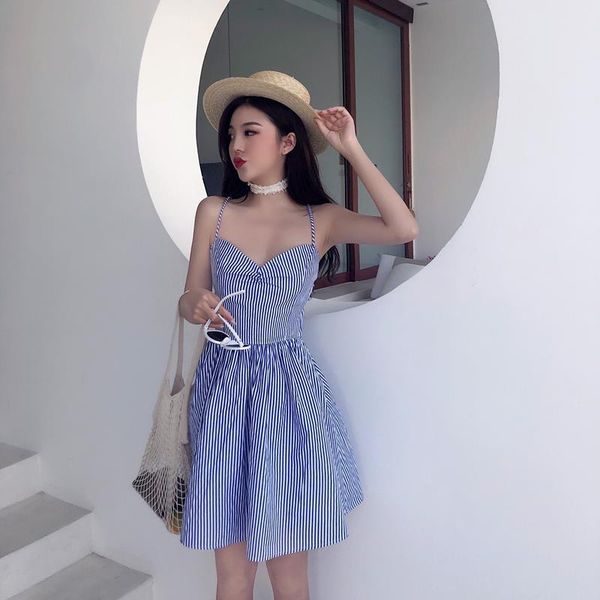 

casual dresses 2021 sleeveless summer backless stripe dress party bohemian sytle beach leisure blue tender waist thin lady, Black;gray