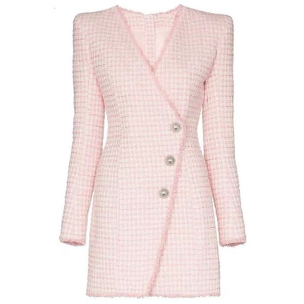 

street style dresses the latest european and american high-quality plaid woolen slim v-neck wrap three-button burr long-sleeved dress js5e, Black;pink