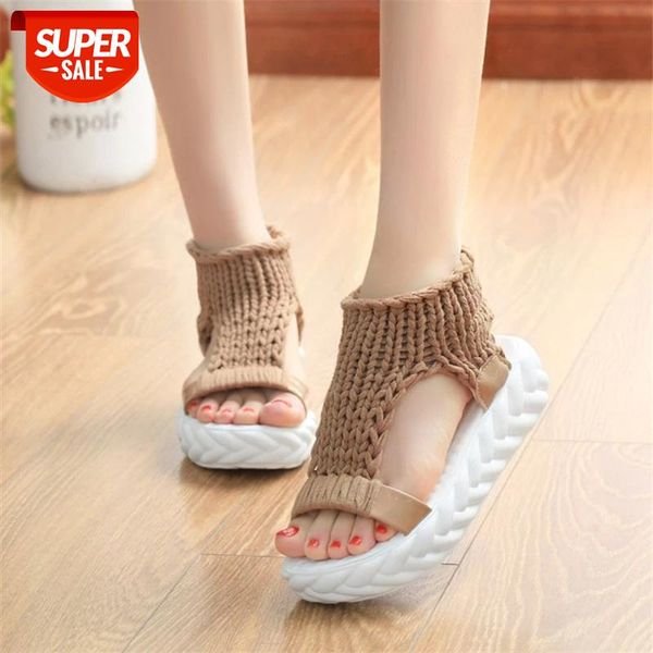 

knitted elastic mesh platform sandals 2019 summer shoes women fashion open toe flat sweet hollow slip-on female #pu4l, Black