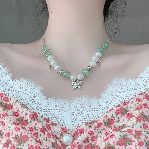 

chains mwsonya fashion metal butterfly pendant pearl necklace for women chain temperament cross holiday jewelry gift, Silver
