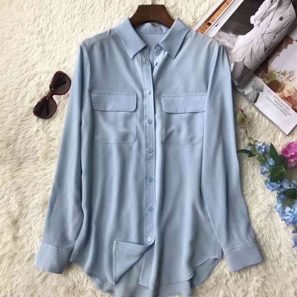 

women shirts 100% silk long sleeve pockets double haut femme blouse woman new 210410, White