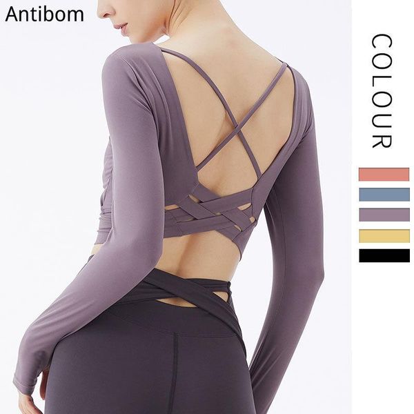

yoga outfits antibom shirt women open back design breathable quick dry sports stretch long sleeves with thumb solid colr, White;red