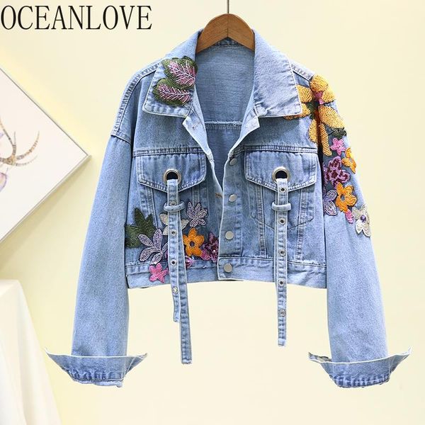 

women's jackets oceanlove 2021 spring denim embroidery short streetwear fashion women sequined abrigos mujer 14813, Black;brown