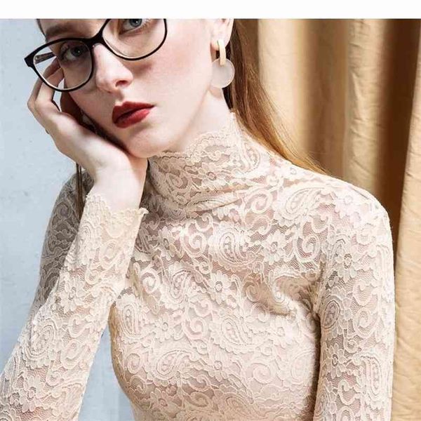 

autumn and winter lace bottoming shirt women's high-necked long-sleeved western style with a solid color slim 210427, White