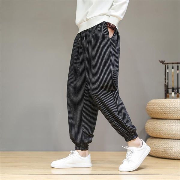

cotton linen casual harem women pants baggy amp comfortable large size autumn printed sweatpants male trousers, Black