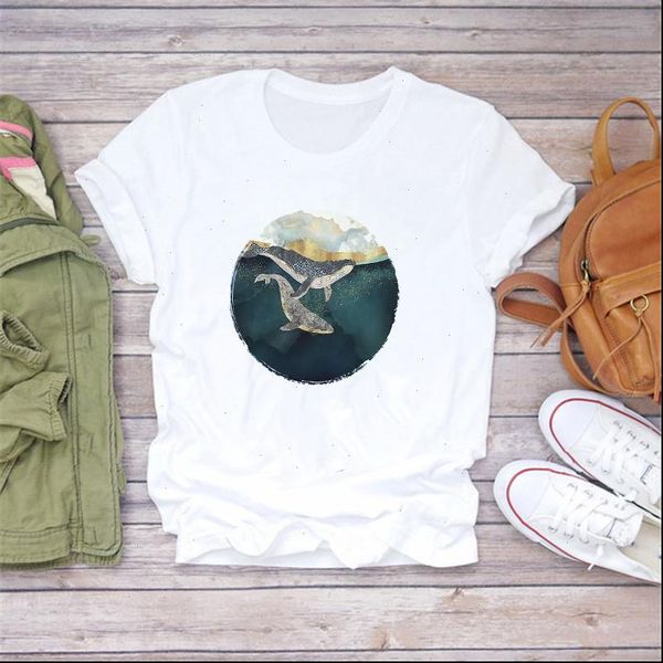 

whale fish cute art women t shirts painting aesthetic clothes graphic ladens tee, White