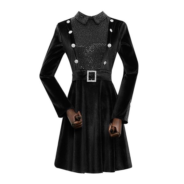 

black turn down collar long sleeve button shirt dress mini short sash casual women female patchwork sequined d1536 210514, Black;gray