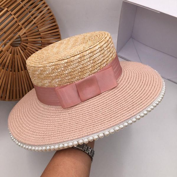 

wide brim hats pink color matching pearl straw hat ladies summer sweet fashion wild sunscreen holiday sunhat, Blue;gray