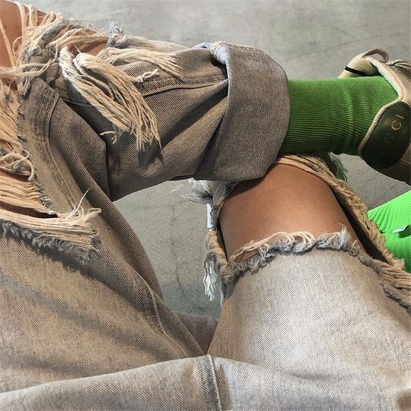 

high waist ripped for womens loose thin jeans denim pants breeches overalls 2021 vintage female torn trousers streetwear, Blue