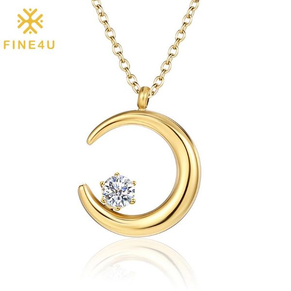 

pendant necklaces fine4u n884 stainless steel moon necklace cubic zirconia crescent dainty 18" chain, Silver