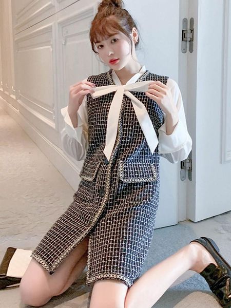 

casual dresses fall winter runway korean elegant sweet chiffon stitching knitted women's bow tie sweater dress vestidos, Black;gray